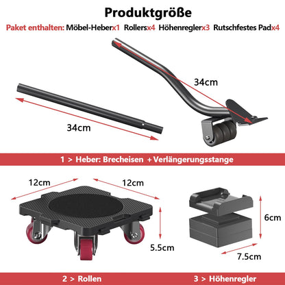 ONEON Möbeltransportrollen Set mit Möbelheber, 360° drehbar, 300 kg