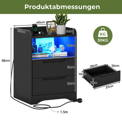 Brinlawb Nachttisch 2er Set mit Ladefunktion & LED, Schwarz
