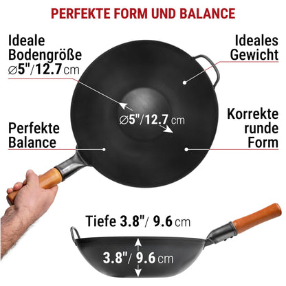 YOSUKATA Karbonstahl Wok 34 cm, flacher Boden, voreingebrannt