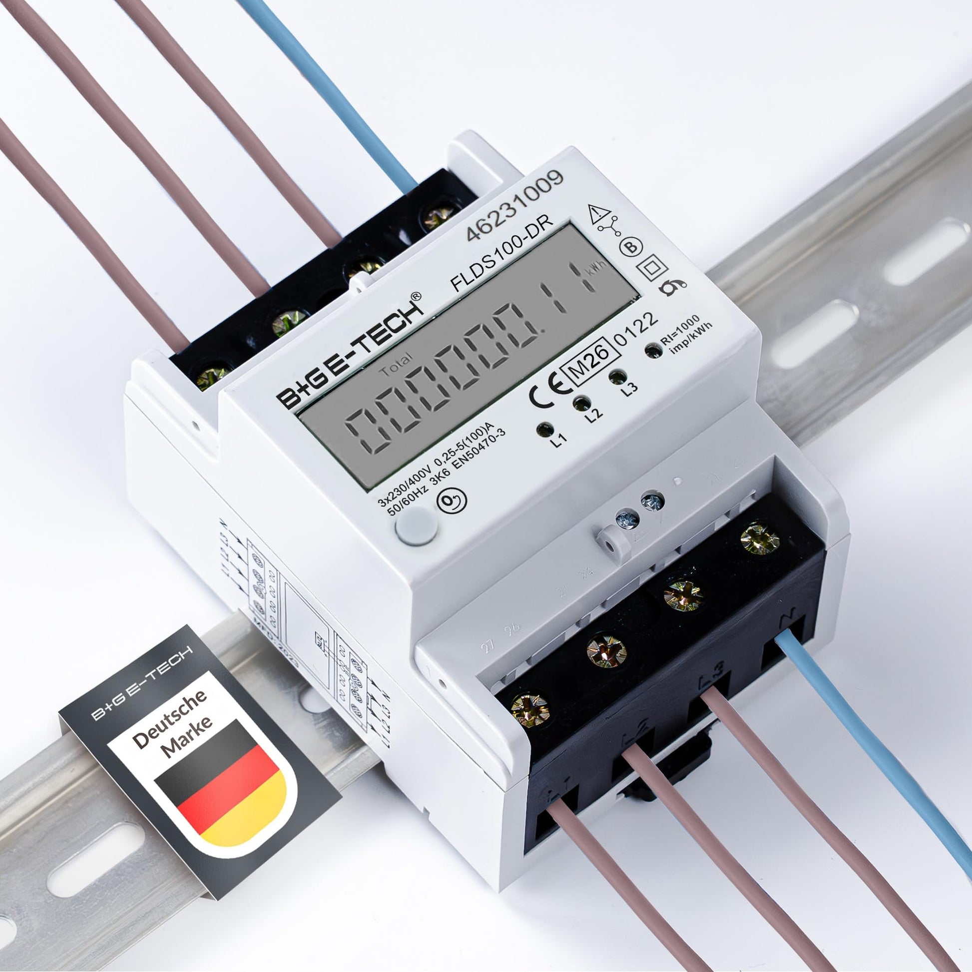 B+G E-Tech Drehstromzähler FLDS100-DR für Hutschiene, 100A, S0, LCD, Beleuchtung weiss