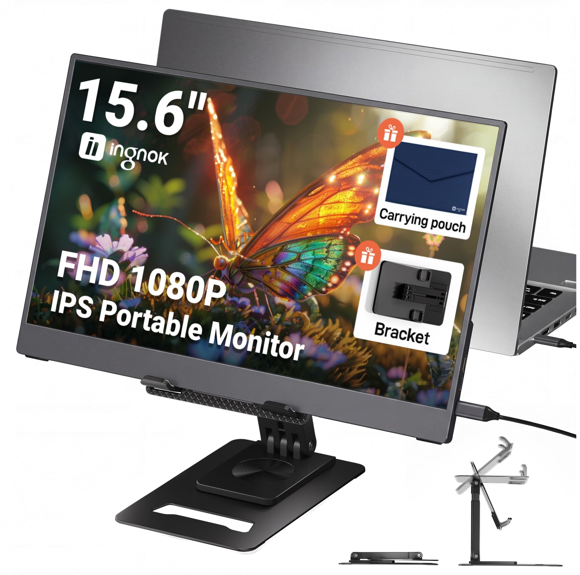 Ingnok YN02D Tragbarer Monitor 15,6 Zoll FHD IPS mit Ständer, schlanke mobile Bauform