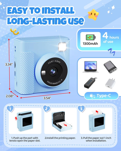 TIATUA Kinderkamera Sofortbildkamera X2 mit 32GB Karte, blau