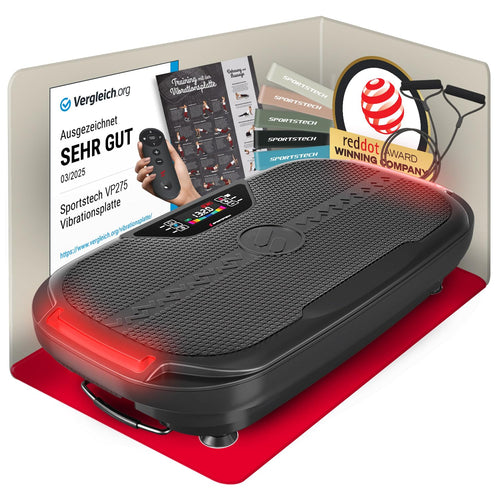 Sportstech VP275 Vibrationsplatte 3D: Schwarze, flache Plattform zur Muskelstimulation für Ganzkörpertraining zuhause.