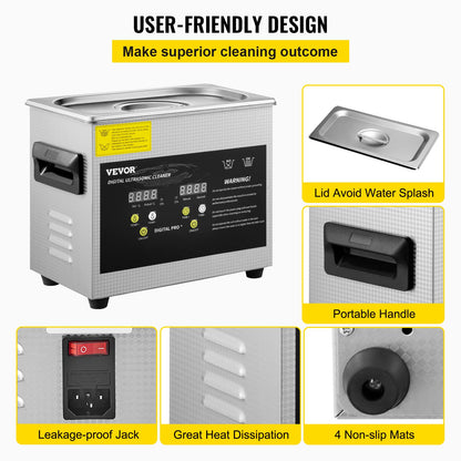 VEVOR Ultraschallreiniger 3 L mit Heizung und Timer, Edelstahl