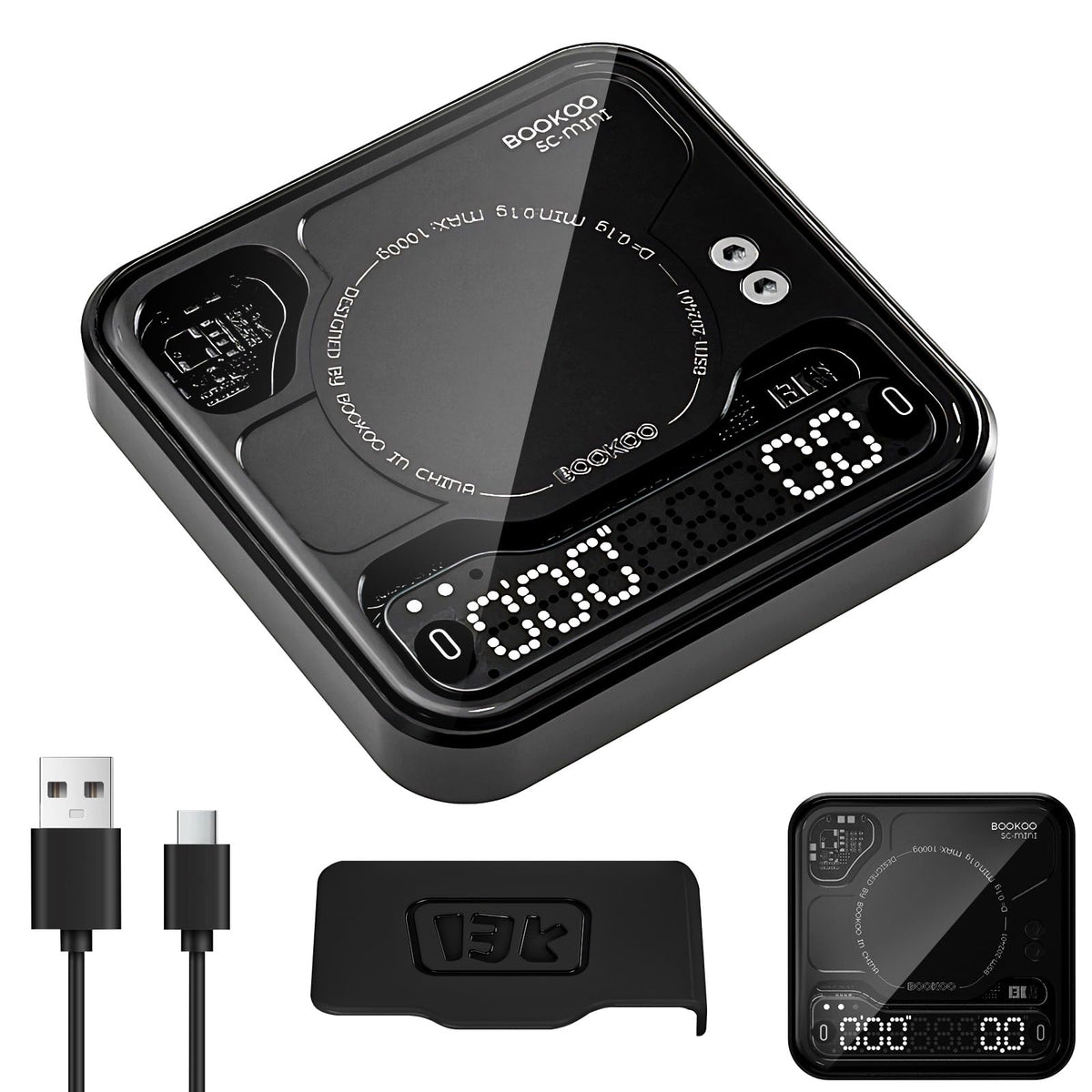 BOOKOO Kaffeewaage mit Timer, Bluetooth Espresso-Waage, 0,1 g – Digitalwaage mit LED-Anzeige und Glasoberfläche