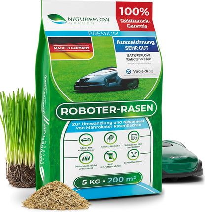 NATUREFLOW Mähroboter Rasensamen schnellkeimend 5 kg für 200 m², Grassamenmischung für Neuansaat und Nachsaat