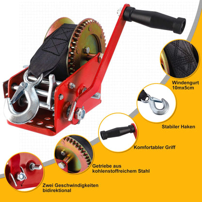 Pindex Handseilwinde mit Bremse 1600kg – 10m Gurtband Rot