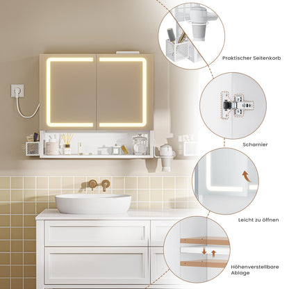 FORABAMB Spiegelschrank mit LED-Beleuchtung, doppeltürig, 60 cm, weiss