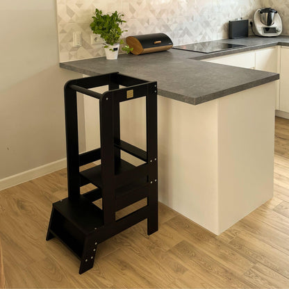 Meowbaby Lernturm höhenverstellbar – Montessori Holz, Schwarz-Natur