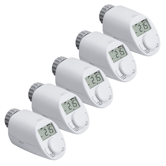 eqiva Heizkörperthermostat Model N Elektronisch – 5er Set Boost. Fünf weiße, zylindrische Thermostate zur automatischen Temperaturregelung an Heizkörpern. Steuert Heizventile.