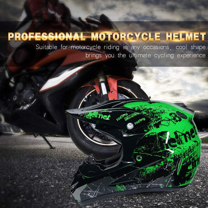 UIGJIOG Kinder-Motocross-Helm Set mit Brille und Handschuhen, Grün, M