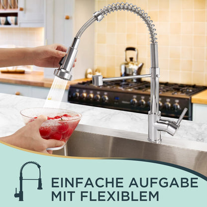 FORIOUS Küchenarmatur Hoher Bogen Ausziehbrause - Polierter Chrom