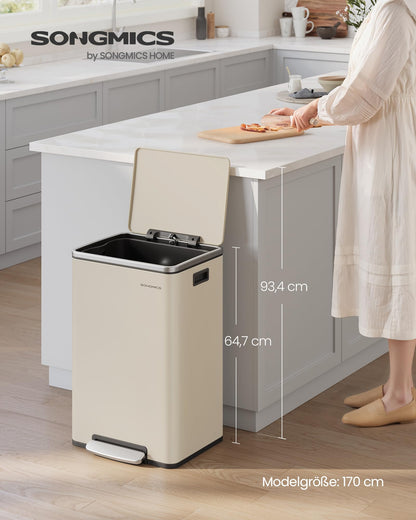 SONGMICS Mülleimer 50 L mit Softclose-Deckel und Pedal, cremefarben