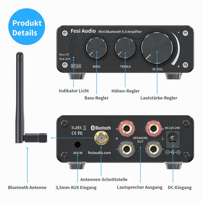 Fosi Audio BT10A Bluetooth 5.0 Stereo Verstärker 2 Kanal 50W
