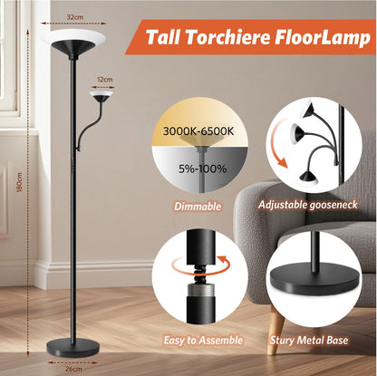 BBHome Deckenfluter Stehlampe LED Dimmbar mit Leselampe - Schwarz