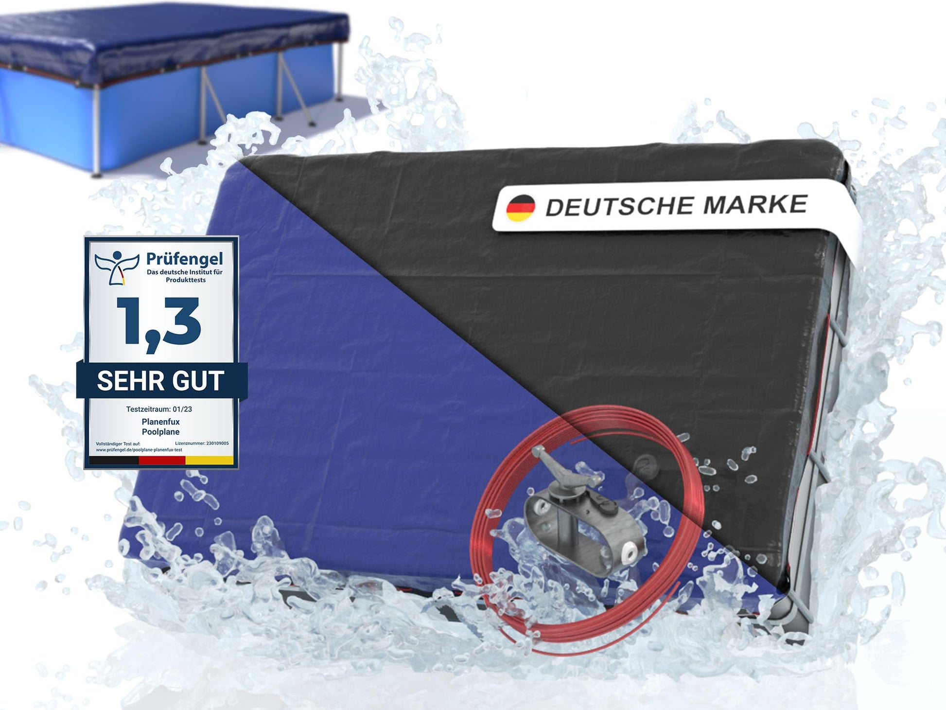 Planenfux Poolabdeckung rechteckig 400 x 200 cm, 2-in-1 PE-Plane, blau-schwarz, mit Stahlseil und Seilspanner