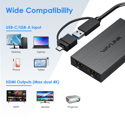 WAVLINK Displaylink Adapter Dual HDMI 4K 60Hz USB-C/3.0