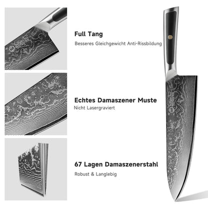 Sunnecko Damastmesser 20 cm – Kochmesser aus 67-lagigem Damaststahl