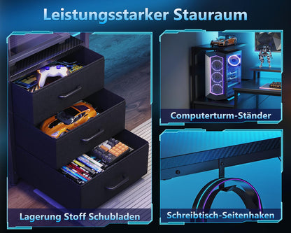 Coleshome Gaming Tisch 151x50cm LED Schubladen Carbon Schwarz