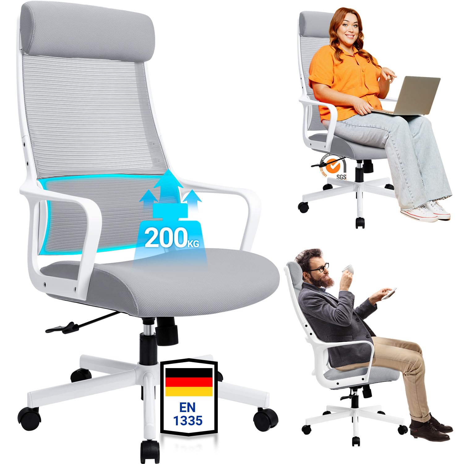 MELOKEA Ergonomischer Bürostuhl 200kg, Mesh, Kopfstütze - Grau. Grauer Stuhl mit Mesh-Lehne und Kopfstütze. Für ergonomisches Sitzen am Schreibtisch.