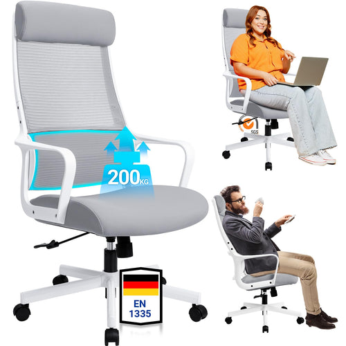 MELOKEA Ergonomischer Bürostuhl 200kg, Mesh, Kopfstütze - Grau. Grauer Stuhl mit Mesh-Lehne und Kopfstütze. Für ergonomisches Sitzen am Schreibtisch.