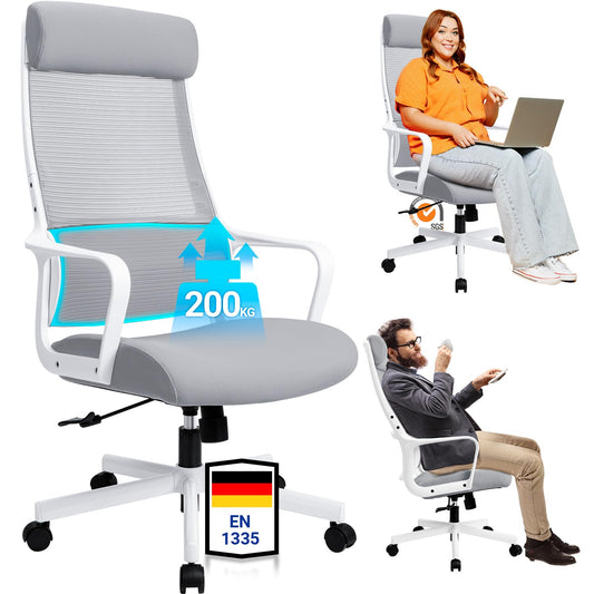 MELOKEA Ergonomischer Bürostuhl 200kg, Mesh, Kopfstütze - Grau. Grauer Stuhl mit Mesh-Lehne und Kopfstütze. Für ergonomisches Sitzen am Schreibtisch.