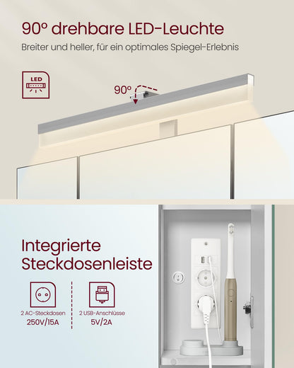VASAGLE BBK126W01 Spiegelschrank mit LED – wolkenweiss