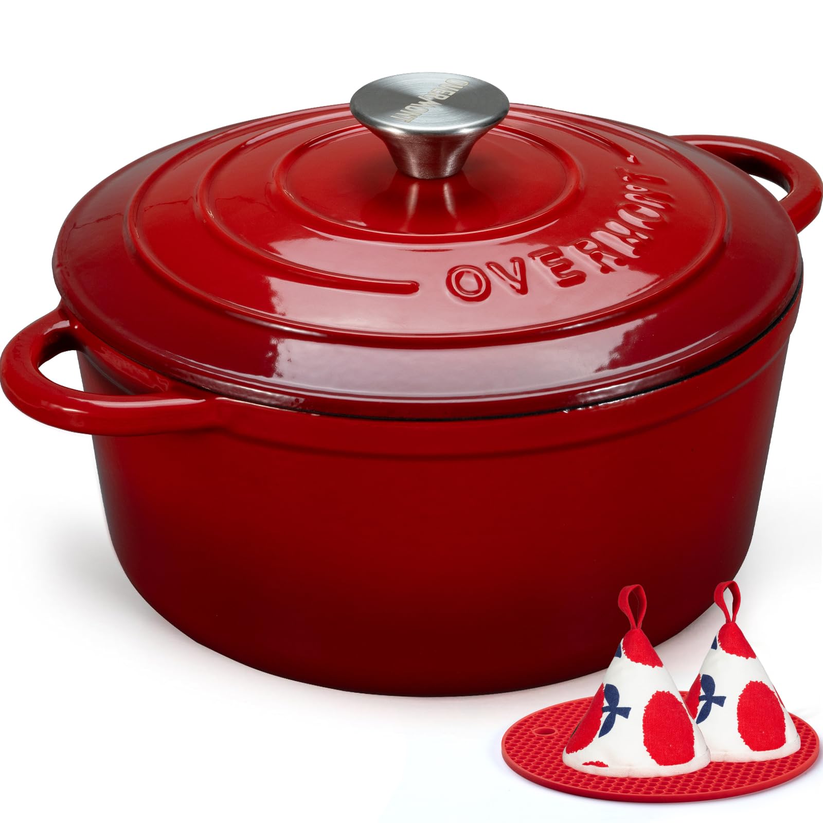 Overmont Bräter emailliert Gusseisen Schmortopf 24 cm mit Deckel Rot, rund mit glatter Emaille-Oberfläche