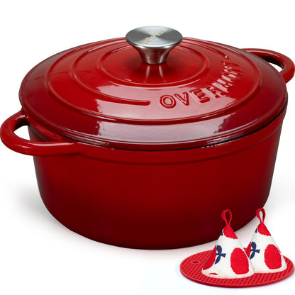 Overmont Bräter emailliert Gusseisen Schmortopf 24 cm mit Deckel Rot, rund mit glatter Emaille-Oberfläche