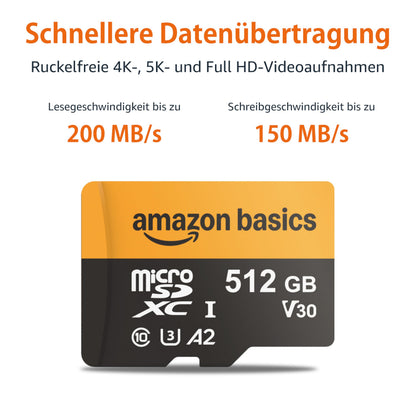 Amazon Basics microSDXC-Speicherkarte 512 GB mit Adapter, 200 MB/s