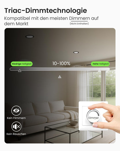ALUSSO LED Einbaustrahler 230V dimmbar schwarz 68mm 7W IP44, 6er Set