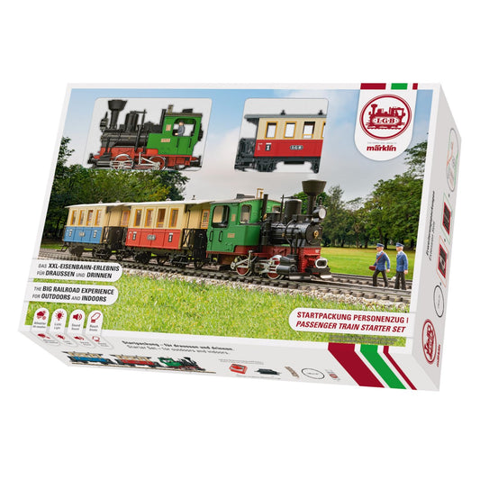 LGB 70307 Gartenbahn Starterset Personenzug – Spur G: Rote Dampflok, 2 Personenwagen und Gleise zum Aufbau einer Gartenbahn.