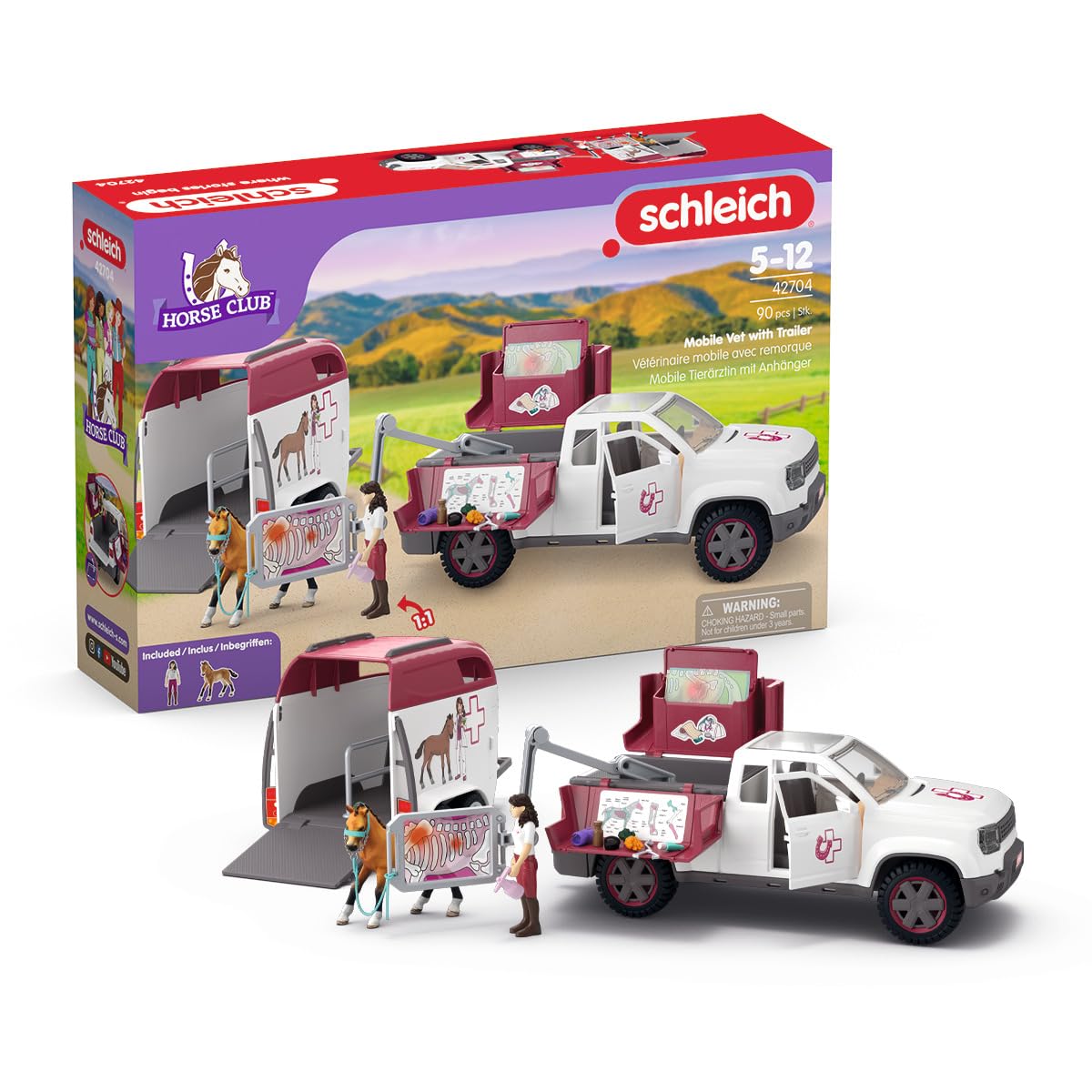 schleich HORSE CLUB Mobile Tierärztin mit Anhänger Set 42704. Detailliertes Spielset mit Fahrzeug, Figur und Anhänger für Tierarzt-Rollenspiele.