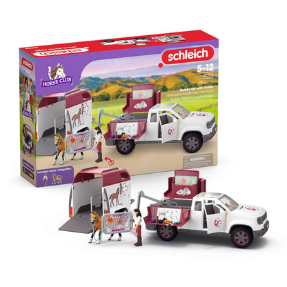 schleich HORSE CLUB Mobile Tierärztin mit Anhänger Set 42704. Detailliertes Spielset mit Fahrzeug, Figur und Anhänger für Tierarzt-Rollenspiele.