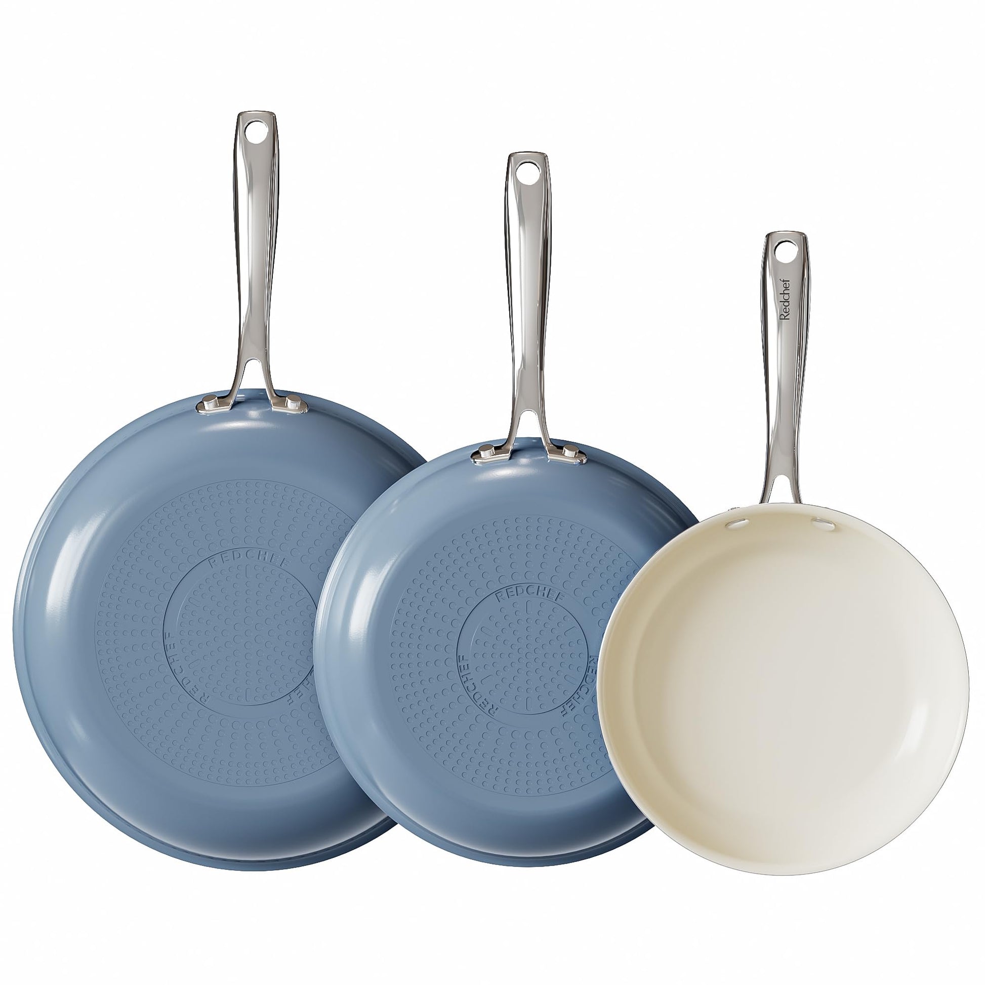 Redchef Pfannenset Keramik Antihaft Induktion - 20/24/28 cm Blau. Drei runde, blaue Pfannen zum Braten und Kochen.