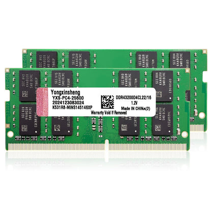 Yongxinsheng DDR4 3200MHz 32GB Kit Laptop Arbeitsspeicher SODIMM. Zwei grüne SODIMM-Module, für schnelle Datenverarbeitung in Laptops.