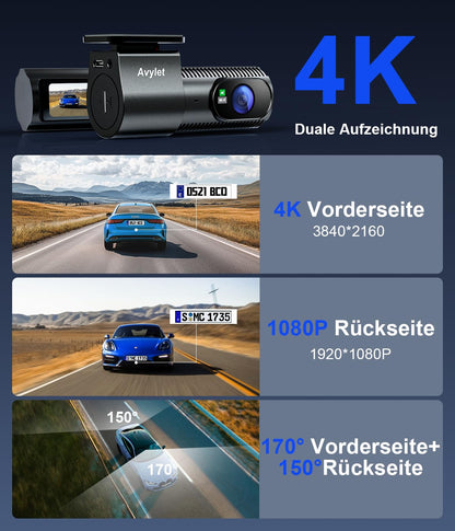 Avylet 4K+1080P Dashcam Dual Auto Kamera - Mini 5GHz Wi-Fi