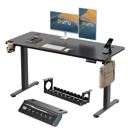 VFU Elektrischer Stehpult 140x60 cm USB-C Schwarz Pro. Höhenverstellbarer Arbeitstisch für sitzende/stehende Positionen, mit USB-C Ladefunktion.