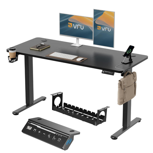 VFU Elektrischer Stehpult 140x60 cm USB-C Schwarz Pro. Höhenverstellbarer Arbeitstisch für sitzende/stehende Positionen, mit USB-C Ladefunktion.