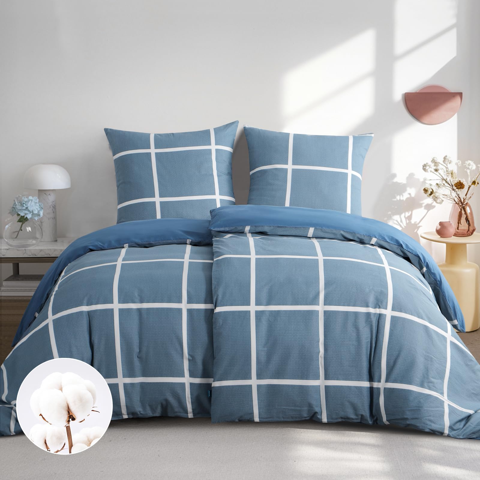 RUIKASI Bettwäsche 135x200 Baumwolle 4teilig Denimblau mit Karo, karierte Vorderseite und unifarbene blaue Wendeseite