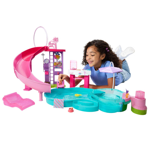 Barbie Traumpool Spielset JKG83 mit Rutsche, Whirlpool und Zubehör, Poolspielzeug für Kinder ab 3 Jahren