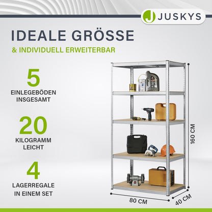 Juskys Basic 4X Schwerlastregal – 4er-Set 180x90x40cm