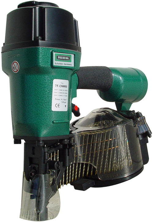 Prebena Druckluft-Coilnagler 7F-CNW90-S01 für Nägel bis 90mm. Grau-schwarz mit rundem Magazin. Fixiert Coilnägel in Holz.
