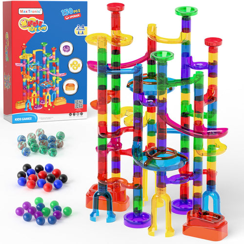MaxTronic Murmelbahn 150-teilig, transparentes STEM Bauspielzeug aus ABS-Kunststoff mit 60 Murmeln