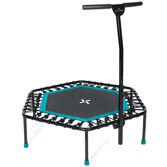 SportPlus Fitness Trampolin Indoor – Haltestange, Gummiseile. Rund, schwarz, mit Haltestange und Gummiseilen. Für gelenkschonendes Sprungtraining.