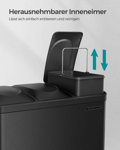 SONGMICS Treteimer LTB45B, Mülltrennsystem 3 Fächer, 45 Liter, schwarz