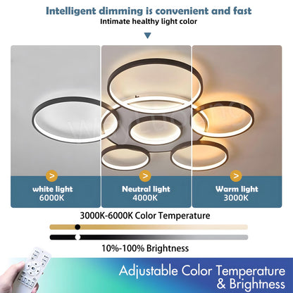 LuxSwiss Moderne 7-Ringe LED Deckenleuchte - Ø110cm, schwarz, dimmbar