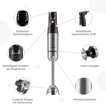 KLAMER Stabmixer Set 4-in-1 Pürierstab - 1000W Edelstahl