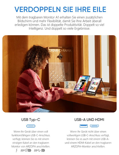 ARZOPA A1 Tragbarer Monitor - 15.6" FHD IPS USB C HDMI