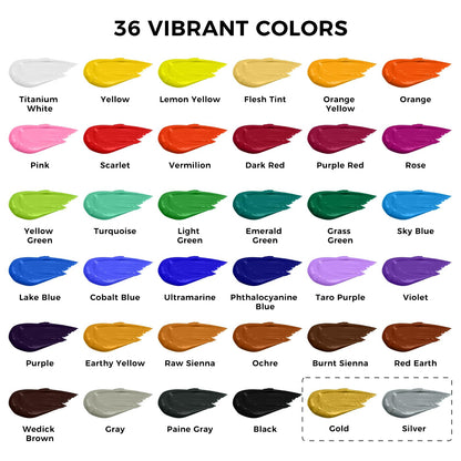 ARTFLY Acrylfarben Set, 36 Farben à 60 ml, mit 12 Pinseln